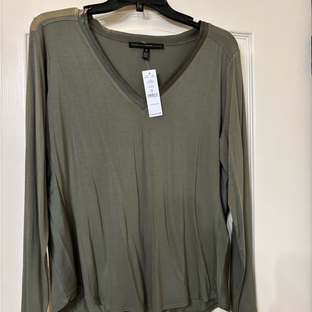 White House Black Market Women's Forever Olive V-Neck Long Sleeve Top